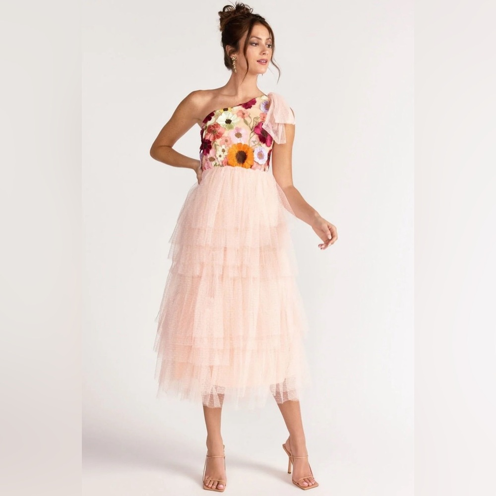 Just Me Floral Appliqué Tiered Dress One Shoulder Peach Pink M Tee Length Prom